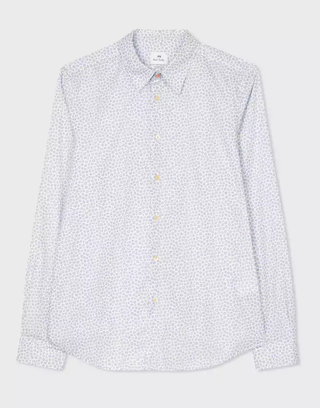 Chemise Paul Smith fabriquée en coton. Cette chemise blanche à manches longues présente un imprimé bleu « Ditsy Floral ».