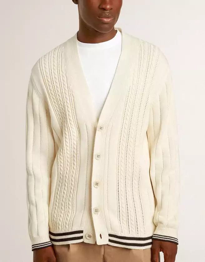 Cardigan Golden Goose avec motif tressé et bords-côtes bleus